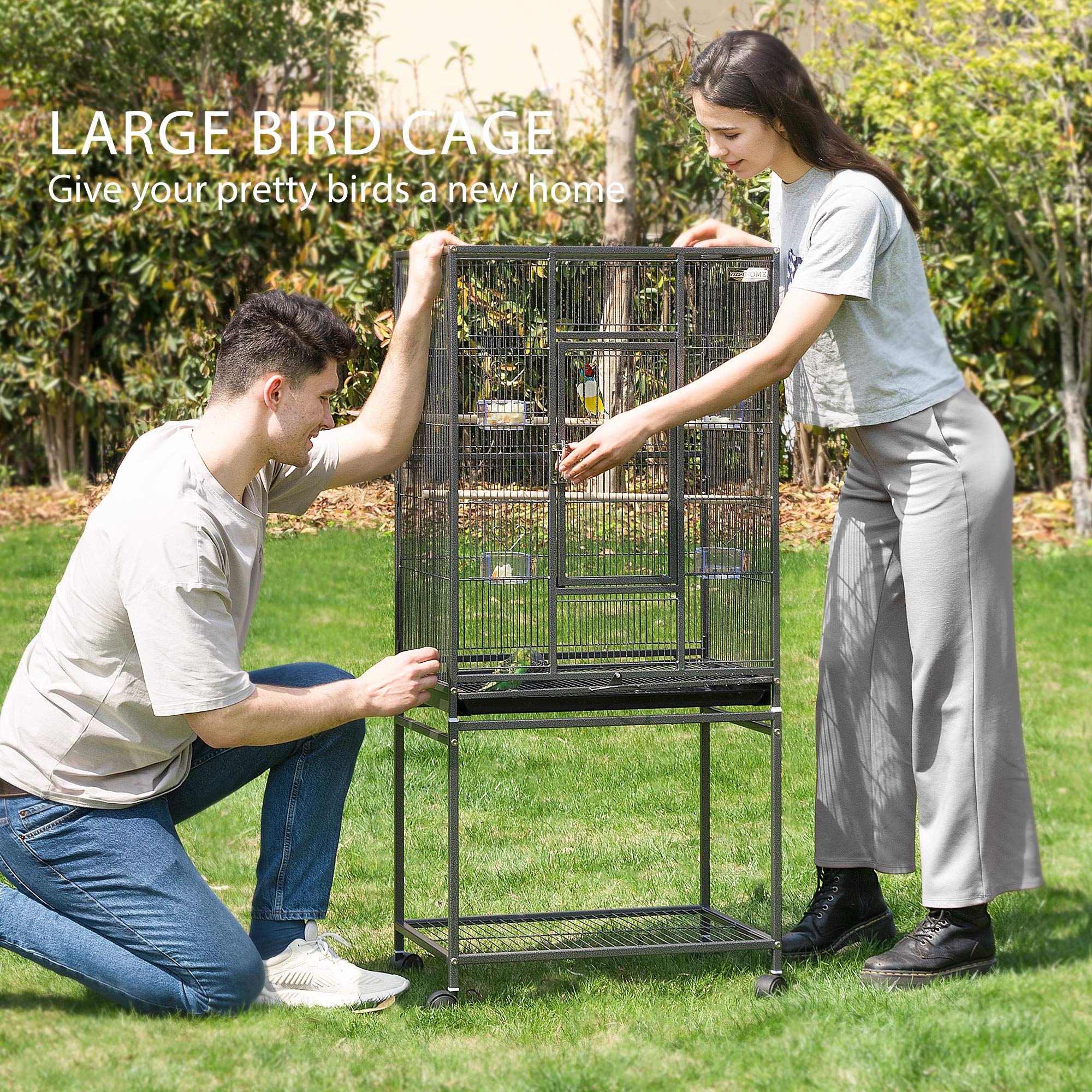 VIVOHOME 54 Inch Wrought Iron Large Bird Flight Cage with Rolling Stand for Parakeets Canaries Cockatiels Lovebirds Conures, Bla